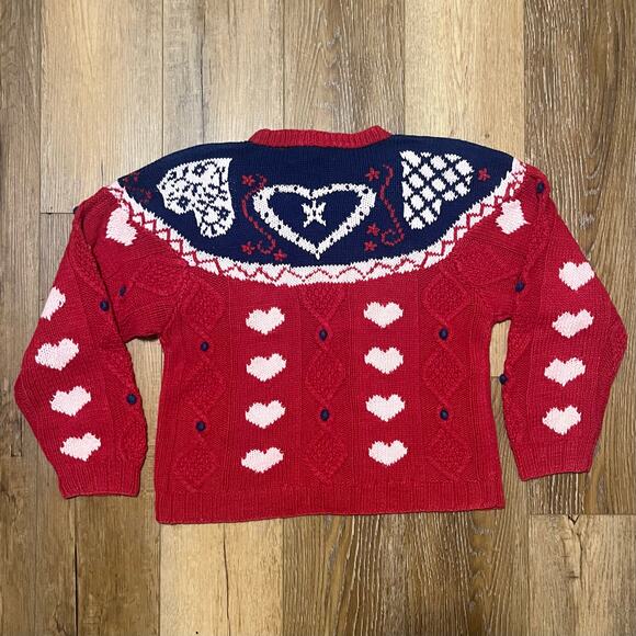 Vtg Heart Cable Knit Fair Isle Sweater OS Valentine Cottage Kid core Grannycore - Picture 4 of 6